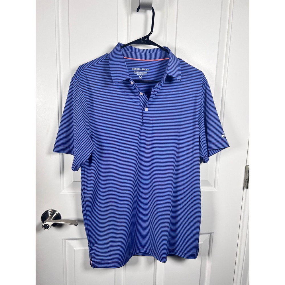 Michel Rouen Mens Performance Polo Shirt Blue Striped Short Sleeve Golf Top M